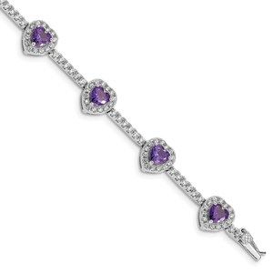 925 Sterling Silver Amethyst and Clear CZ Heart Bracelet, 7 Length